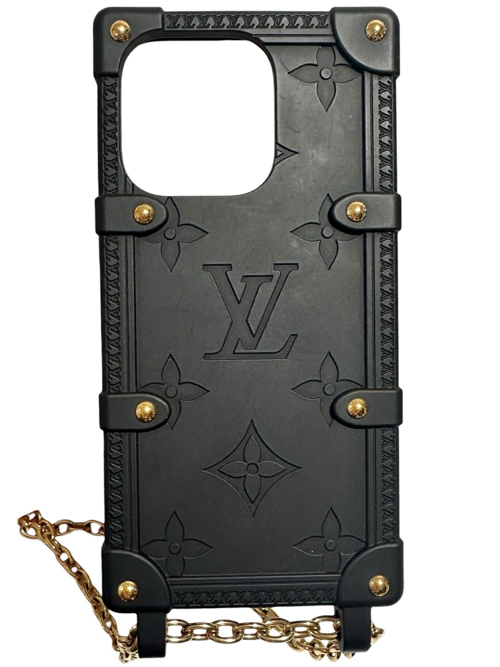 Louis Vuitton Black Matte Embossed Monogram Trunk iPhone 14 Pro Case Gold Chain - Picture 2 of 16